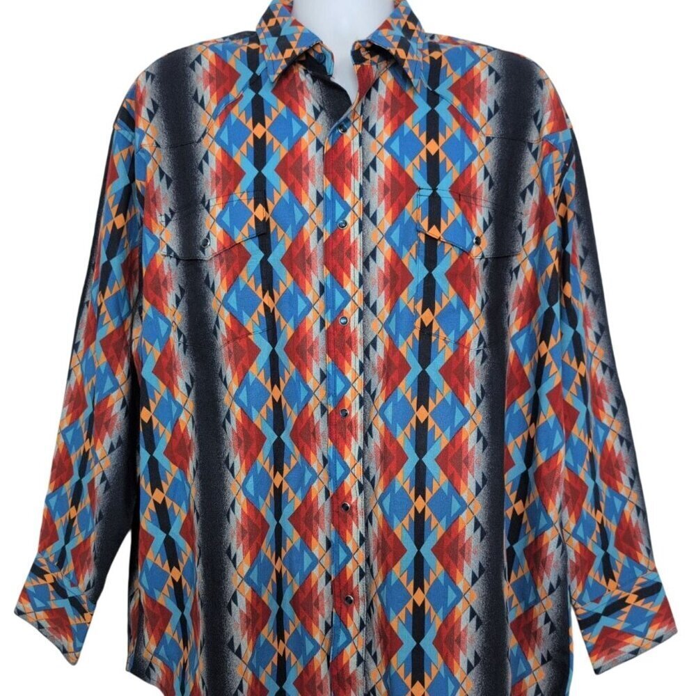 Vintage Wrangler Western Shirt Mens Size XXL Blue Pearl Snap Aztec Cowboy Rodeo